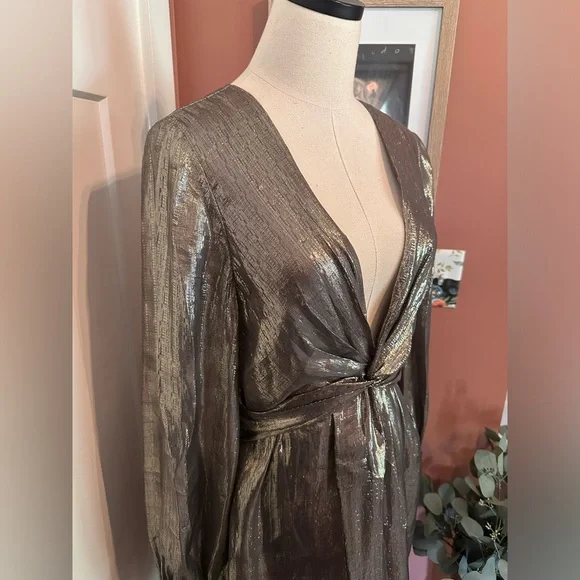 Ramy Brook Elise mini deep V plunge mini silk metallic draped lined 6 dress - Picture 4 of 15